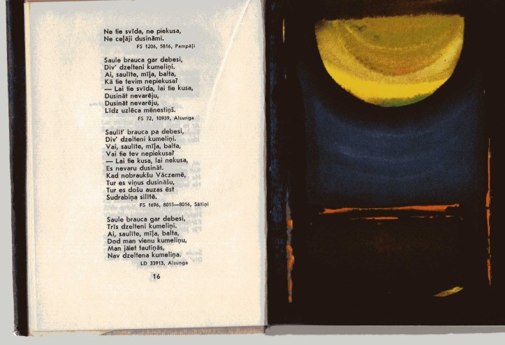 Eine Seite aus dem Buch "Saule seja sudrabiņu", Riga 1972, eine Auswahl lettischer Dainas mit Illustrationen von Kurts Fridrihsons